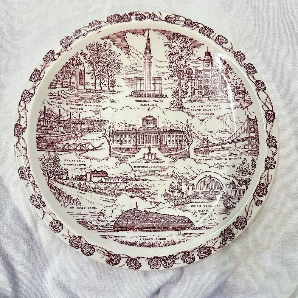 VTG Vernon Kilns Beautiful Ohio Plate Red Transferware State Landmarks